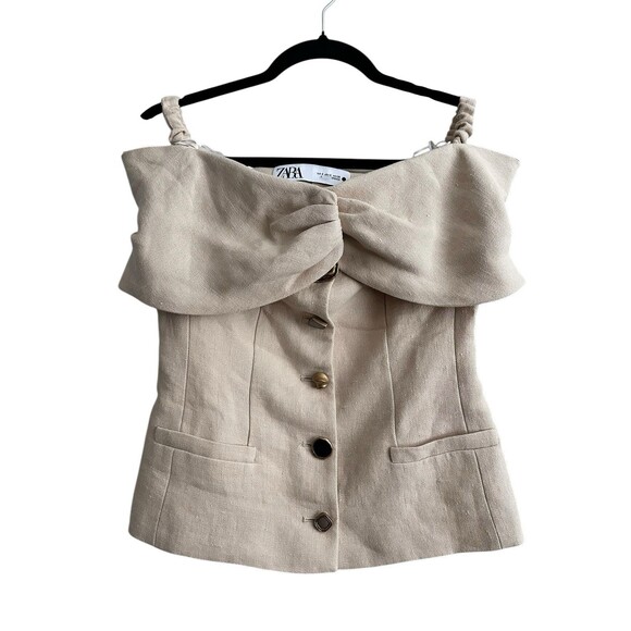 Zara Off Shoulder Viral Linen Blend Top Blazer Funky Buttons US S Beige - Picture 2 of 8